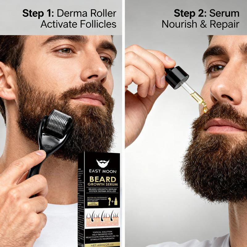 Beard Growth Serum & Derma Roller Kit, Beard Care Nutritional Oil, Making Beards Thicker and More Shiny, Daily Beard Care Products for Men