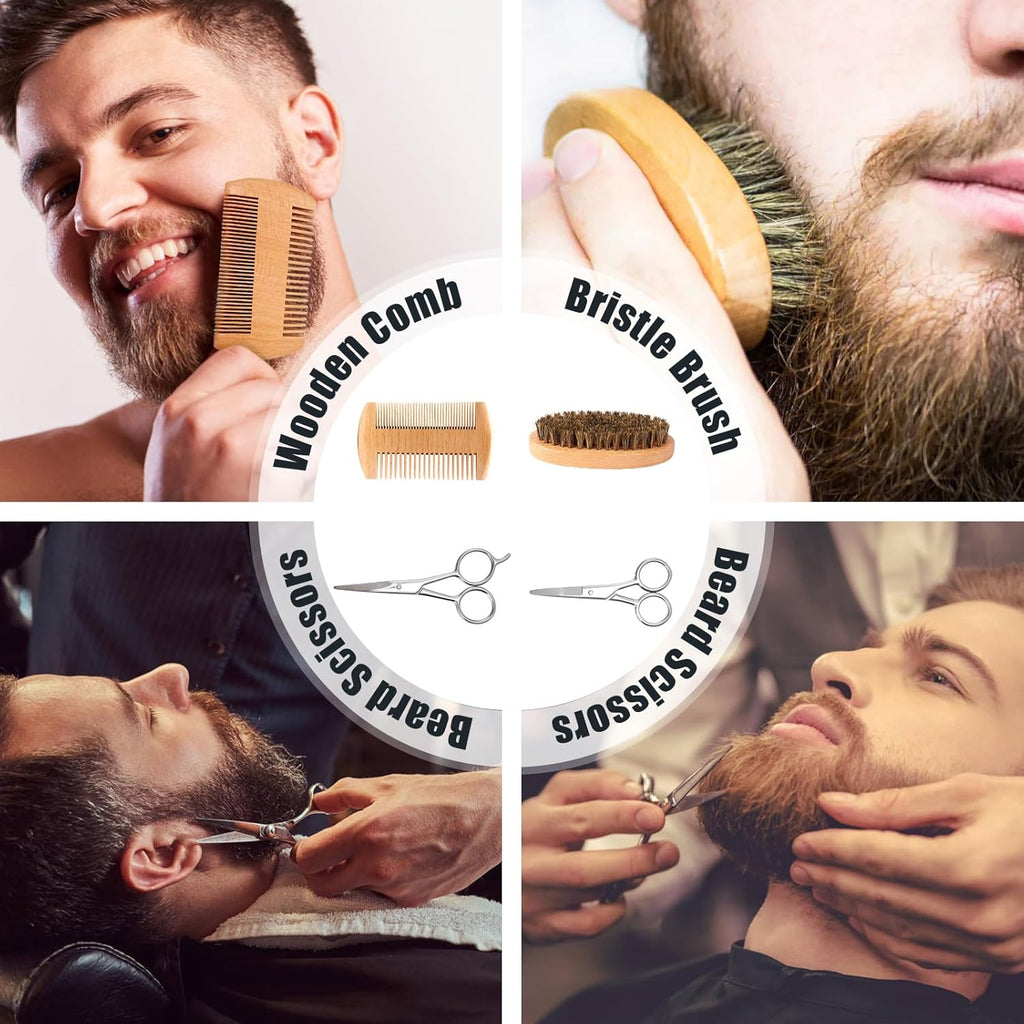 Valentine'S Day Beard Care Gifts Kit for Men, Beard Mustache Grooming Kit -Beard Balm, Beard Wash, Beard Oil, Brush, Scissors, Birthday Anniversary Daily Gifts for Husband/Boyfriend/Dad/Him